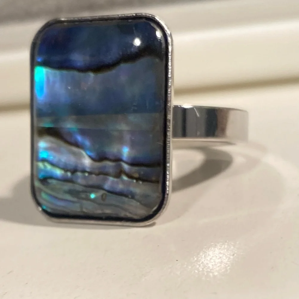 NEW Oversized Abalone Statement Ring Silver Boho Iridescent Shell Jewelry GIFT